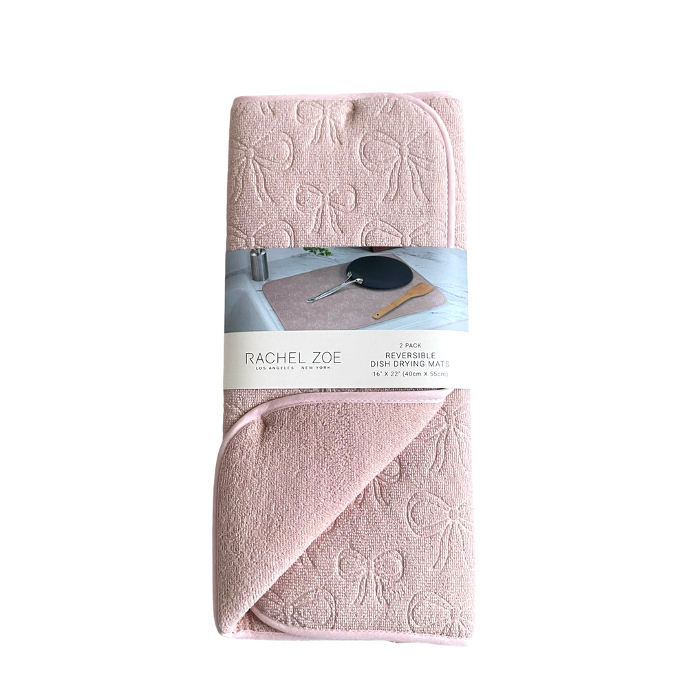 Rachel Zoe Pink Embossed BOW Reversible Dish Drying Mat 16" x 22" Set of 2 NWT